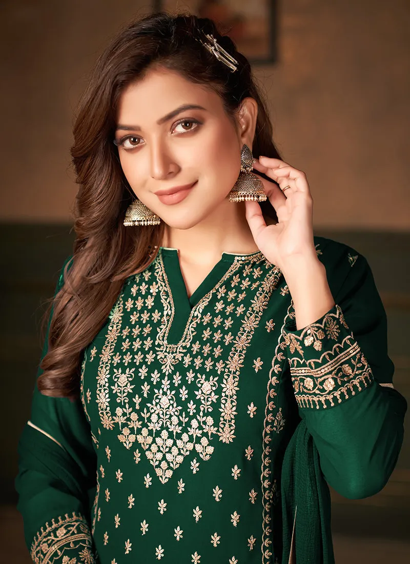 Green Embroidered Designer Georgette Palazzo Suit