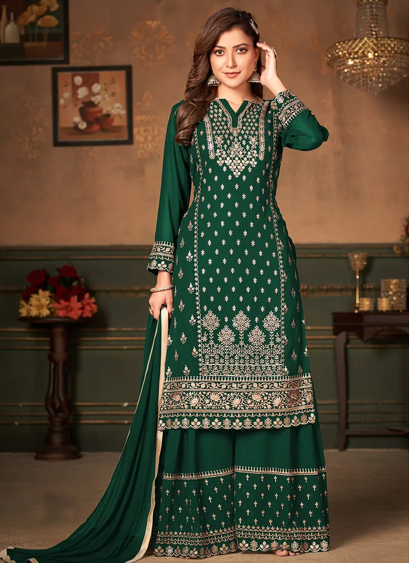 Green Embroidered Designer Georgette Palazzo Suit