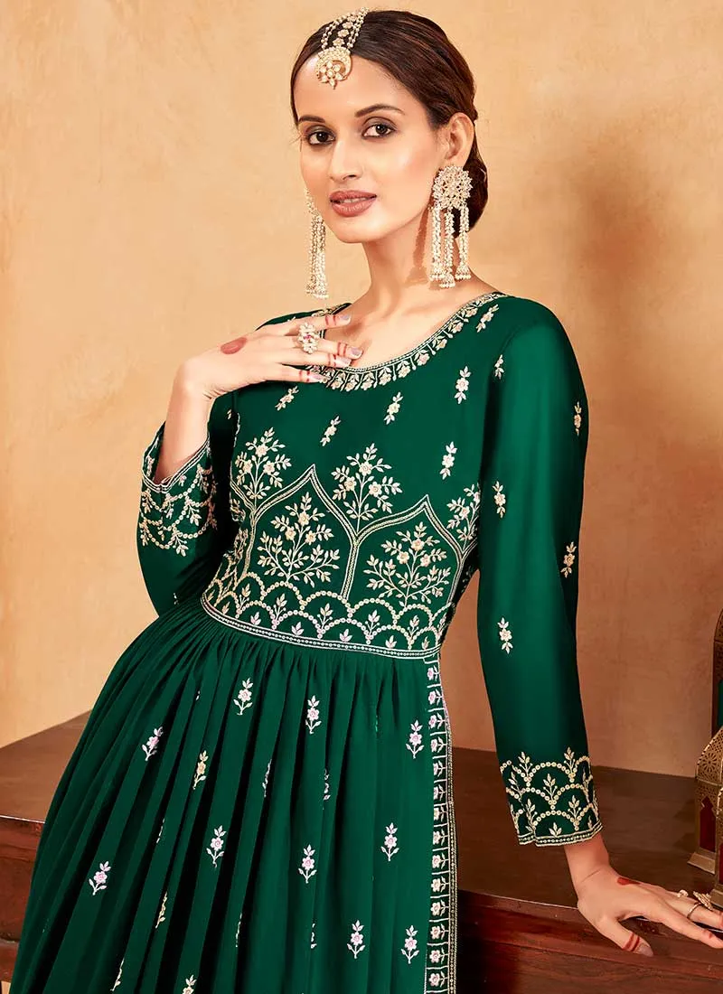 Green Embroidery Slit Style Festive Palazzo Suit