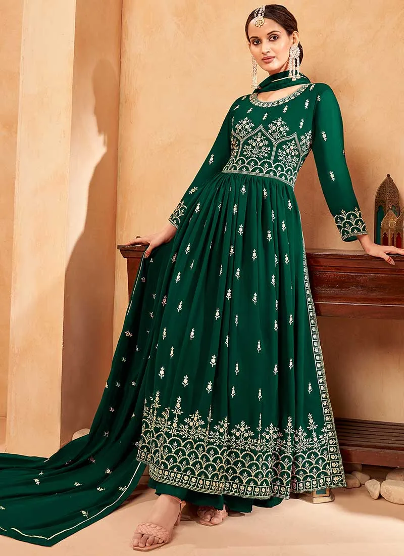 Green Embroidery Slit Style Festive Palazzo Suit