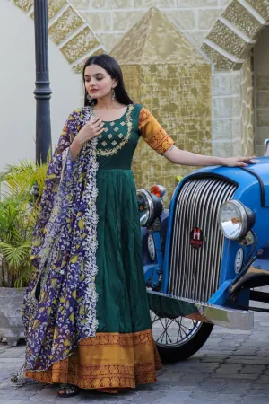 Green Embroidery Work Gown With Stylish Dupatta