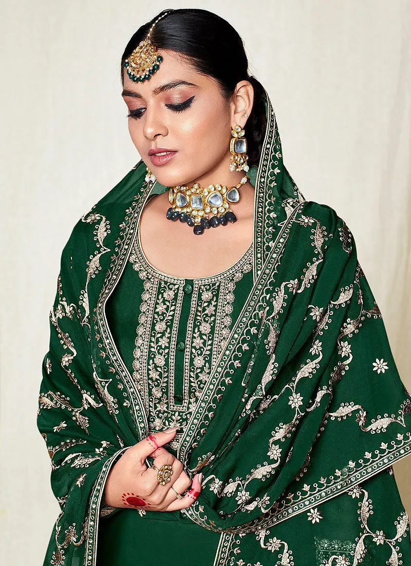 Green Zari Embroidered Georgette Palazzo Suit