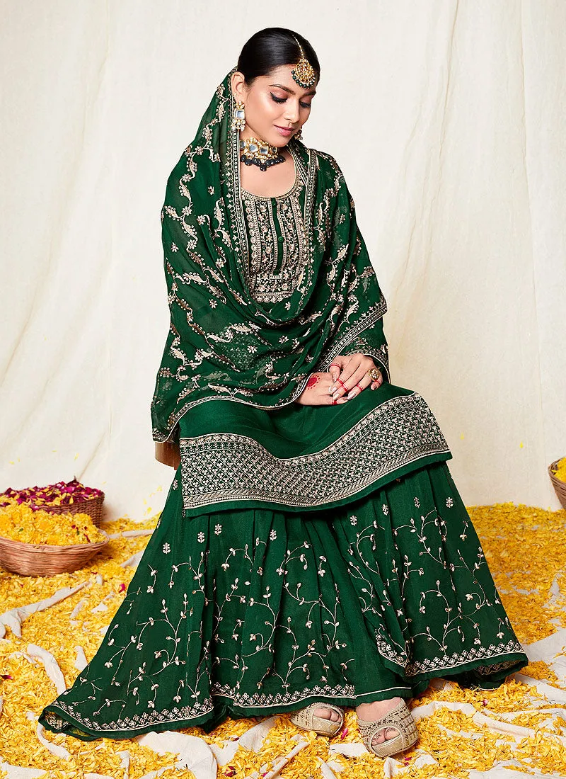 Green Zari Embroidered Georgette Palazzo Suit