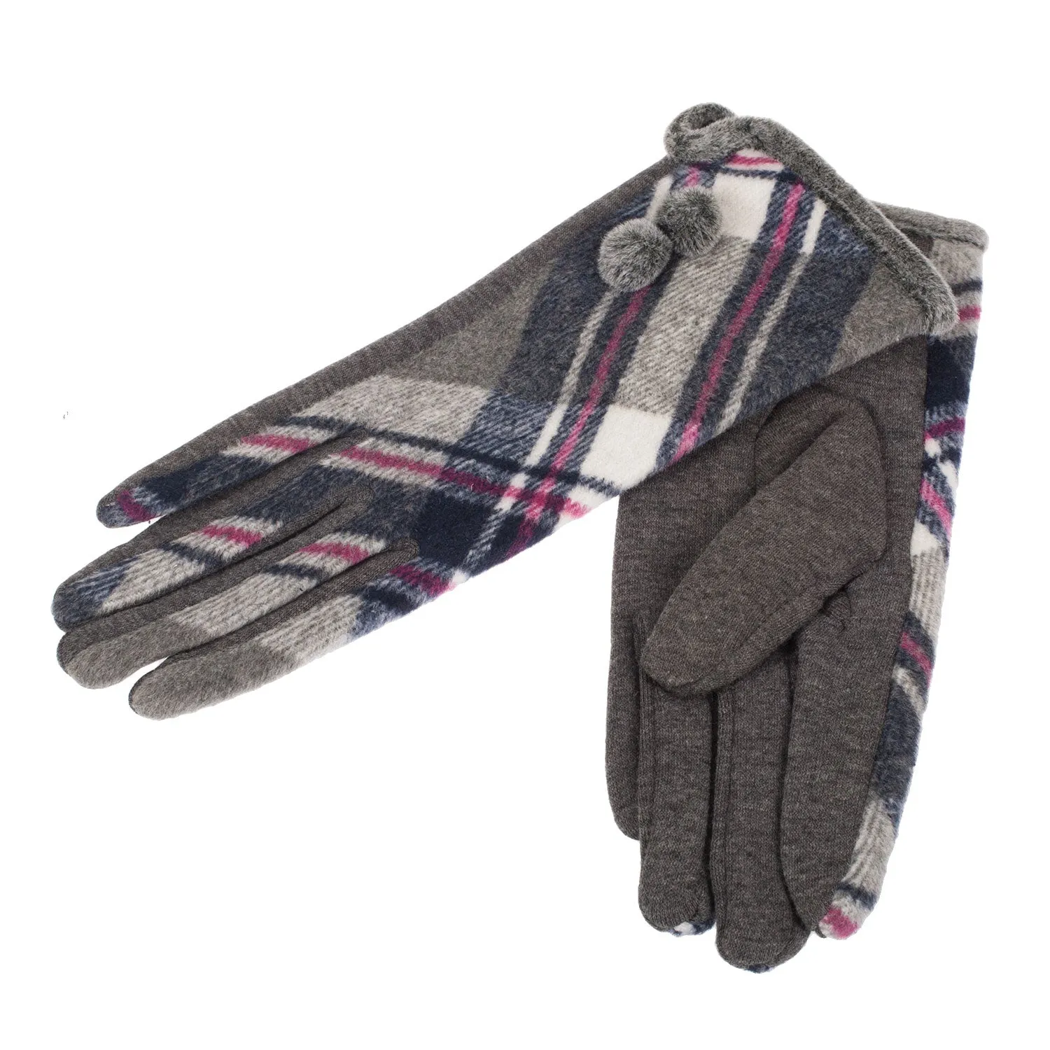 Grey Tartan Ladies Gloves With Pom Pom