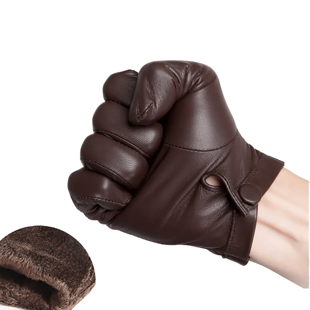 Highshine Unlined Wrist Button One Whole Piece of Sheep Leather Touch Screen Winter Gloves for Men Black and brown