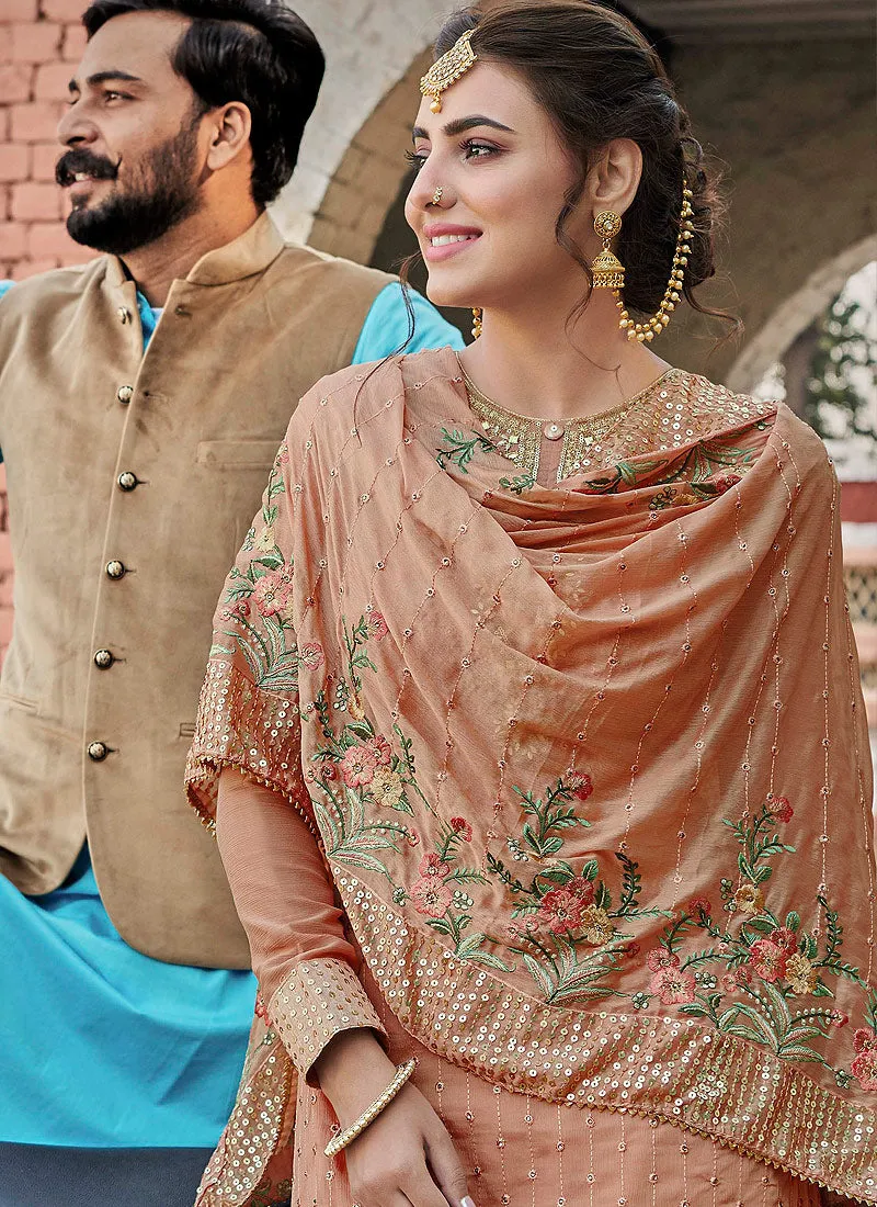 Light Peach Embroidered Palazzo Suit