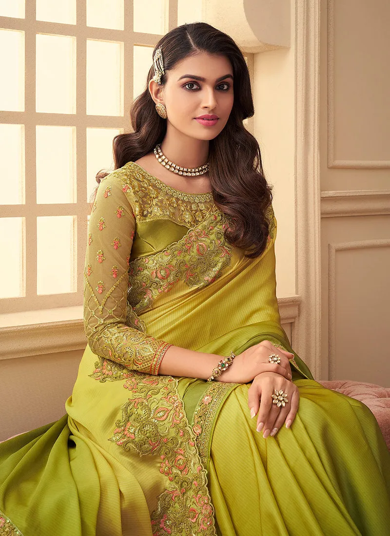 Lime Green Embroidered Party Wear Silk Saree