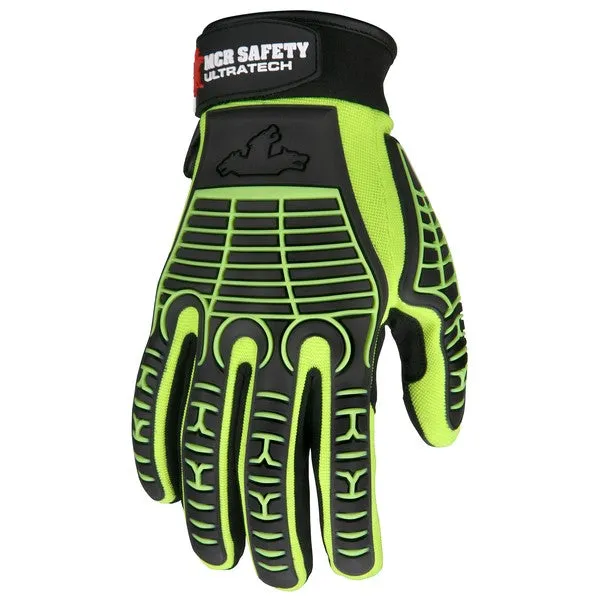 MC502M MCR Safety UltraTech Mechanics Gloves, Medium, Synthetic, Black/Lime