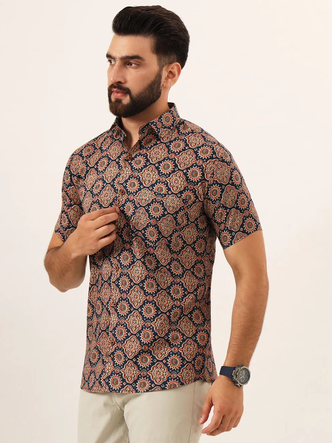 MILLENNIAL MEN MultiColor Geometric Pure Cotton Regular Fit Casual Mem's Half Sleeve