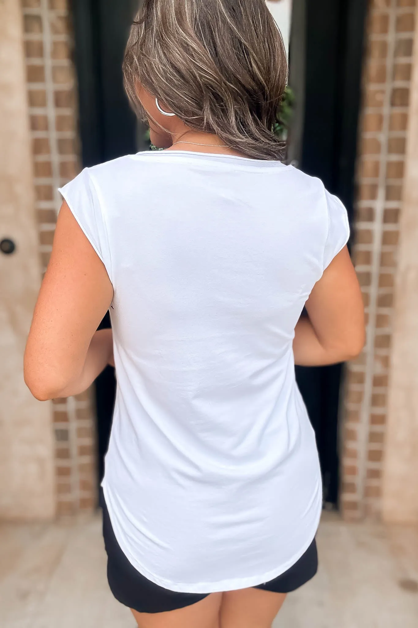 Mono B White Curved Hem V Tee