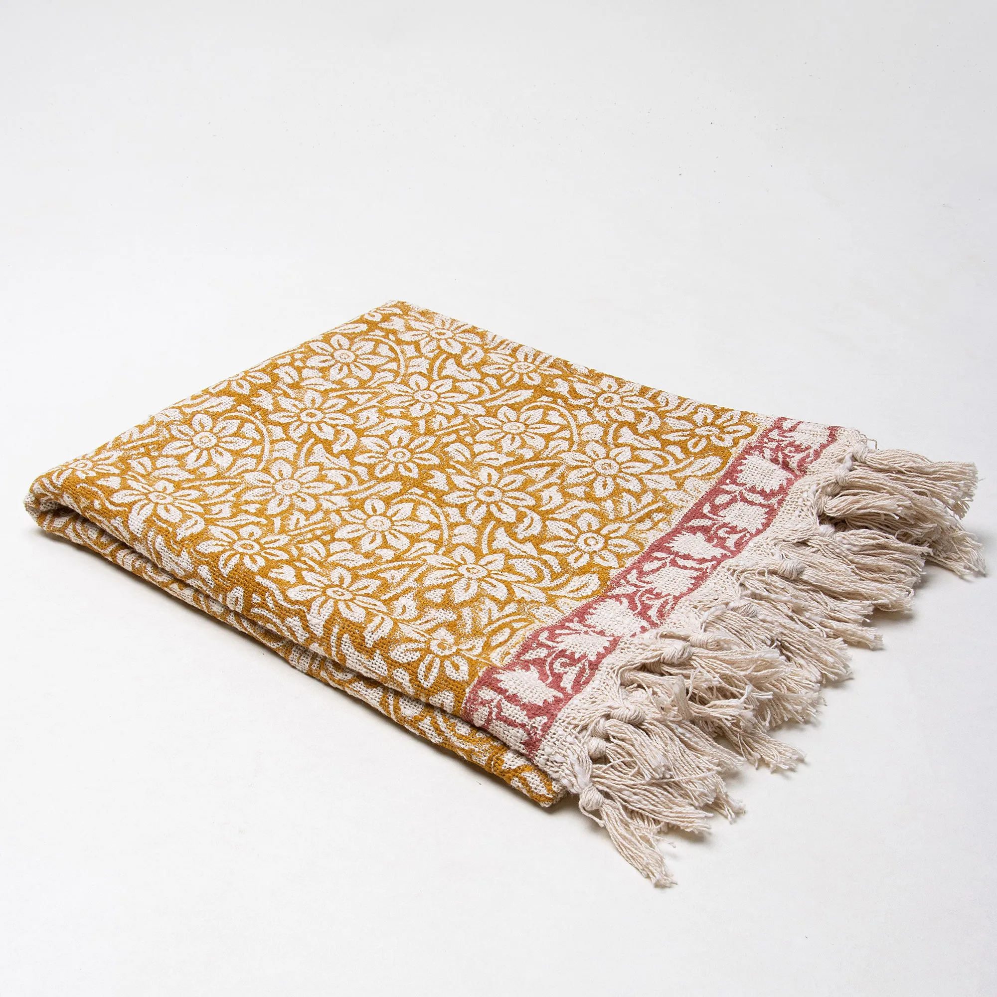 Mustard Yellow Floral Print Cotton Throw Blanket for Home Decor