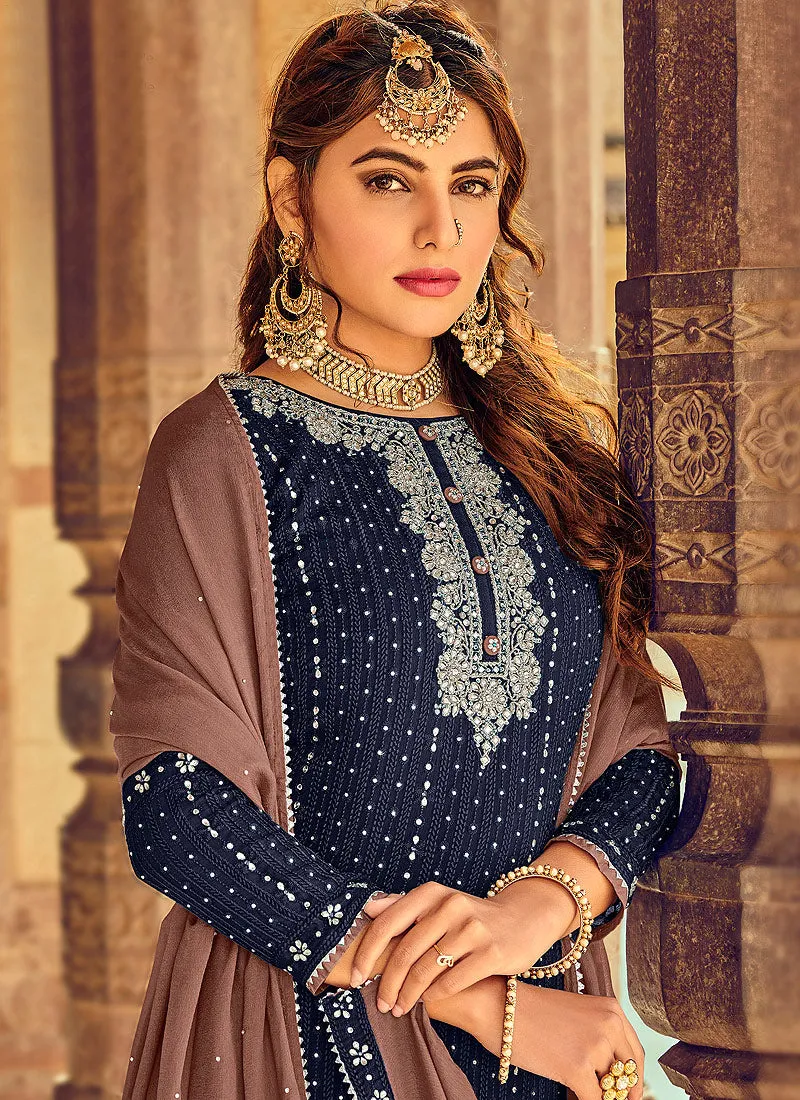 Navy Blue Embroidered Ethnic Palazzo Suit