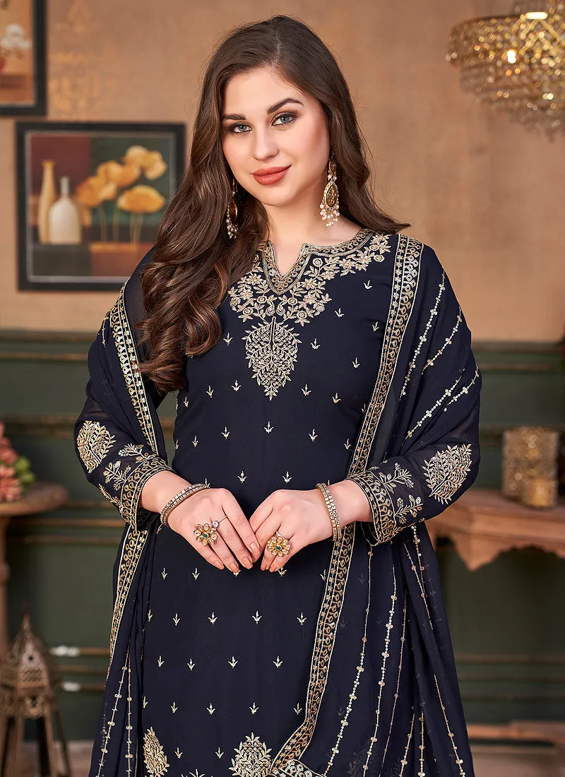 Navy Blue Embroidered Festive Wear Palazzo Suit