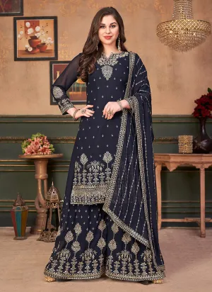 Navy Blue Embroidered Festive Wear Palazzo Suit