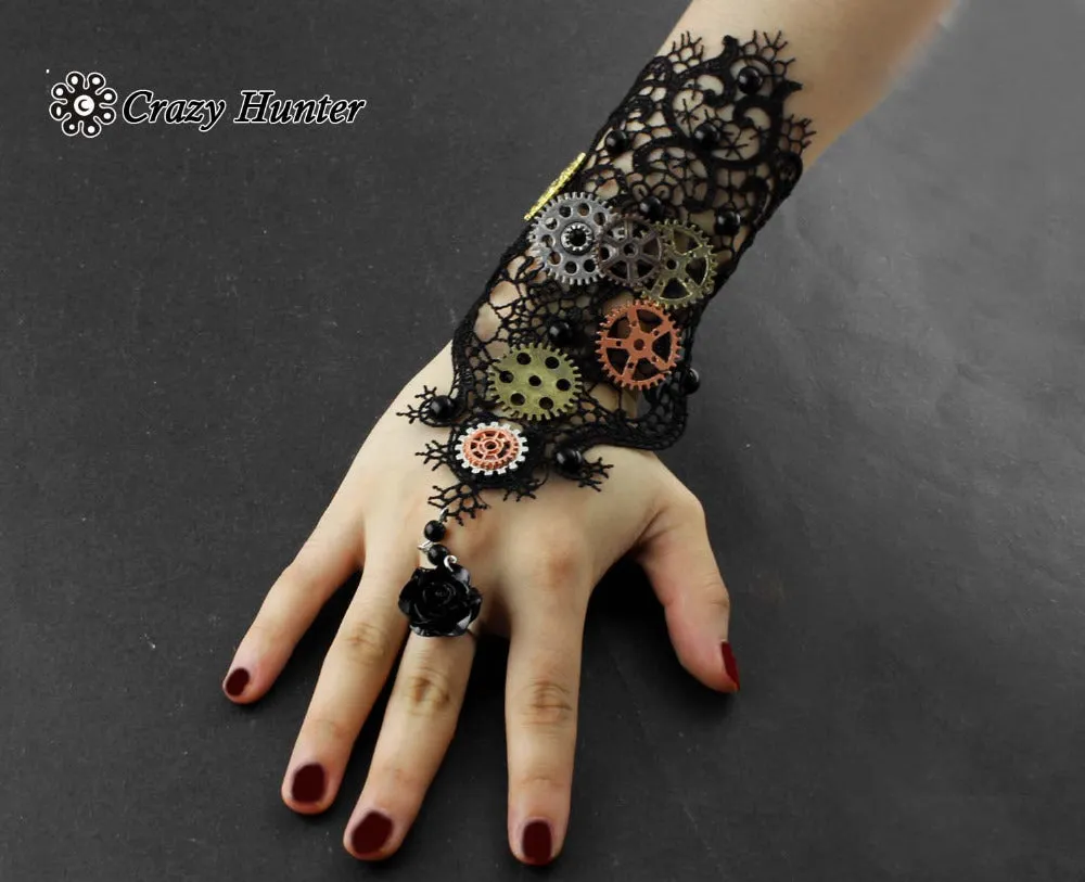 New Womens Gothic Steampunk Gears Lace Cuff Fingerless Gloves Black