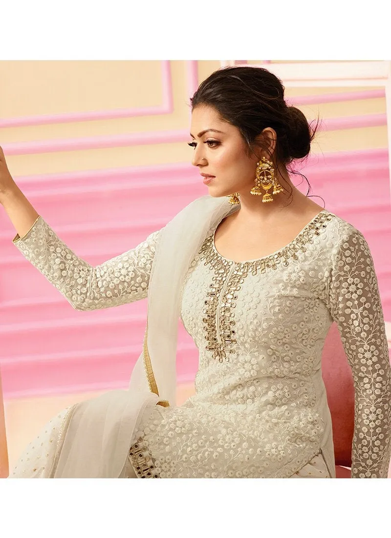 Off White With Golden Embroidered Detail Ethnic Kurti And Palazzo Suit