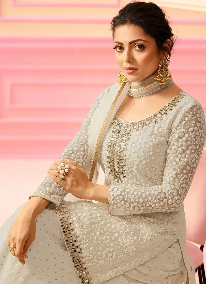 Off White With Golden Embroidered Detail Ethnic Kurti And Palazzo Suit