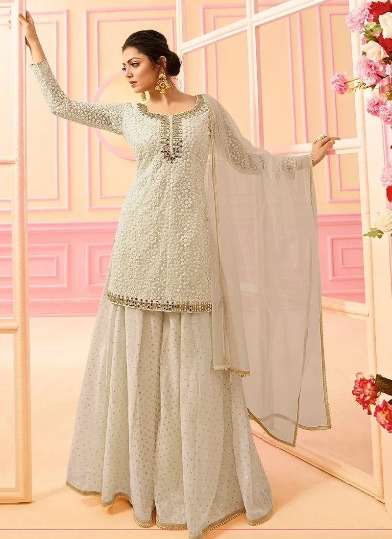 Off White With Golden Embroidered Detail Ethnic Kurti And Palazzo Suit