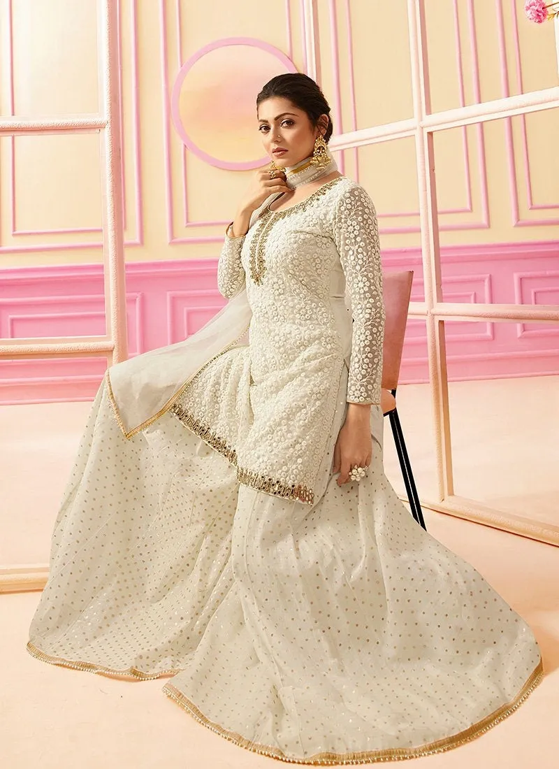 Off White With Golden Embroidered Detail Ethnic Kurti And Palazzo Suit