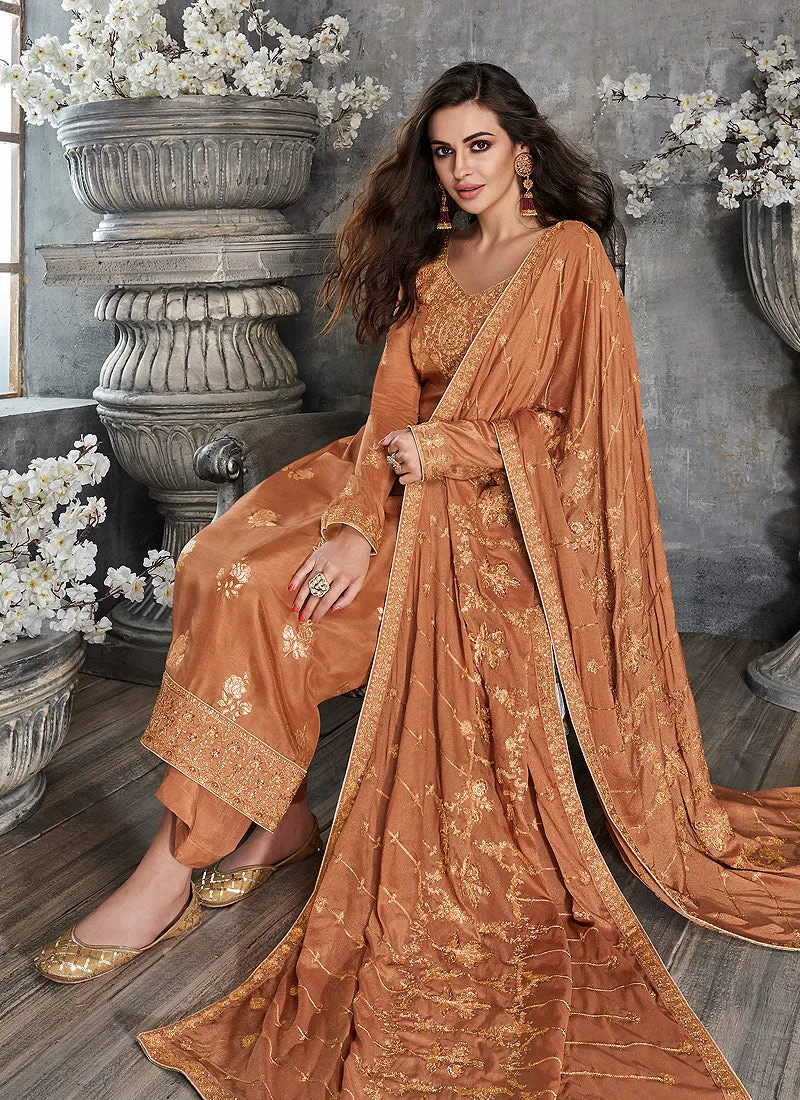 Orange Gold Embroidered Pakistani Palazzo Suit