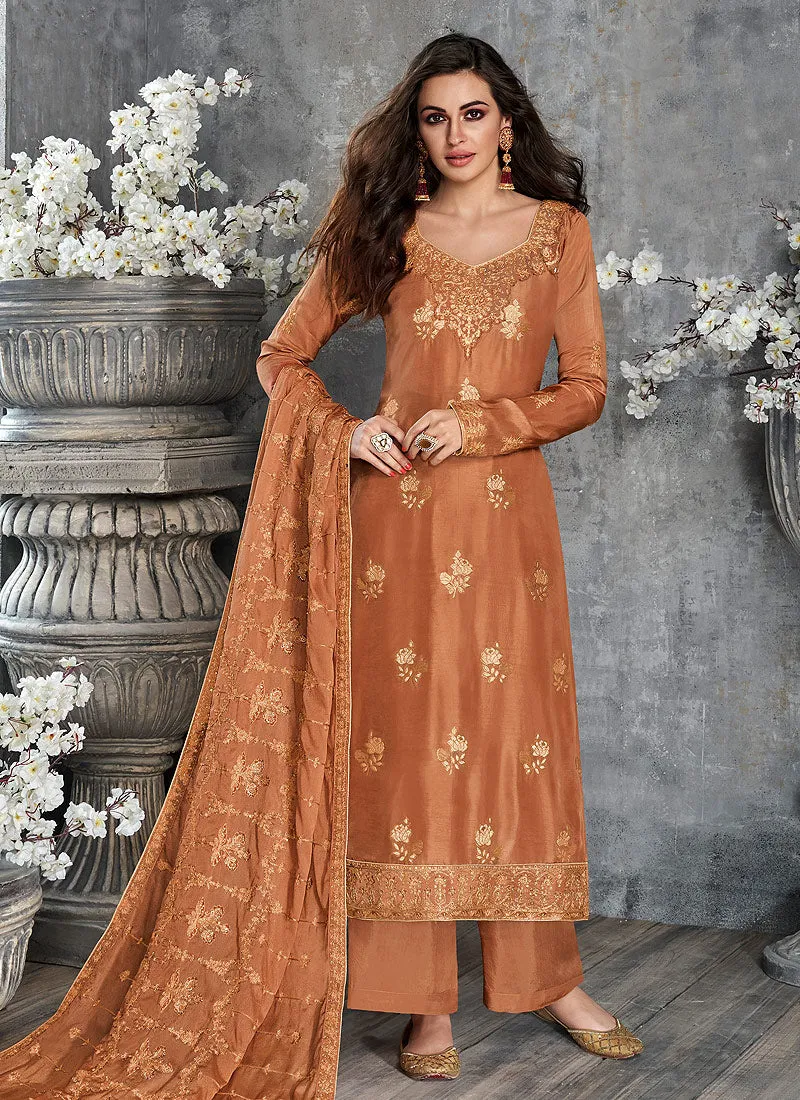 Orange Gold Embroidered Pakistani Palazzo Suit