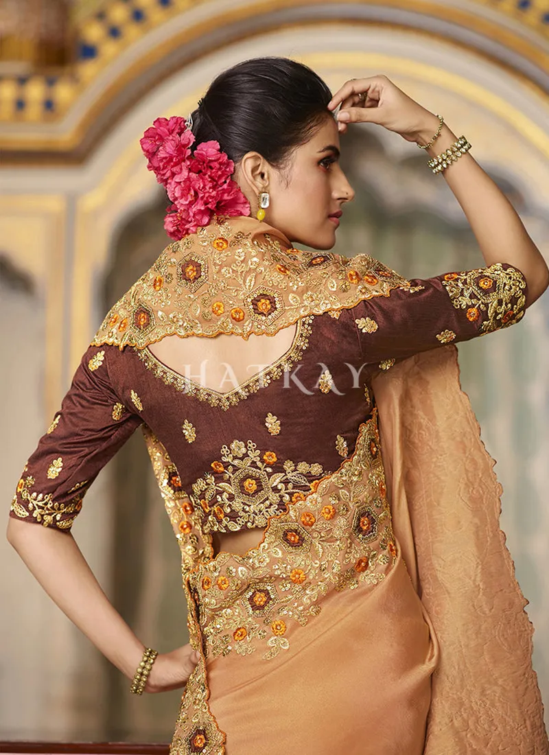 Orange Multi Embroidered Traditional Saree