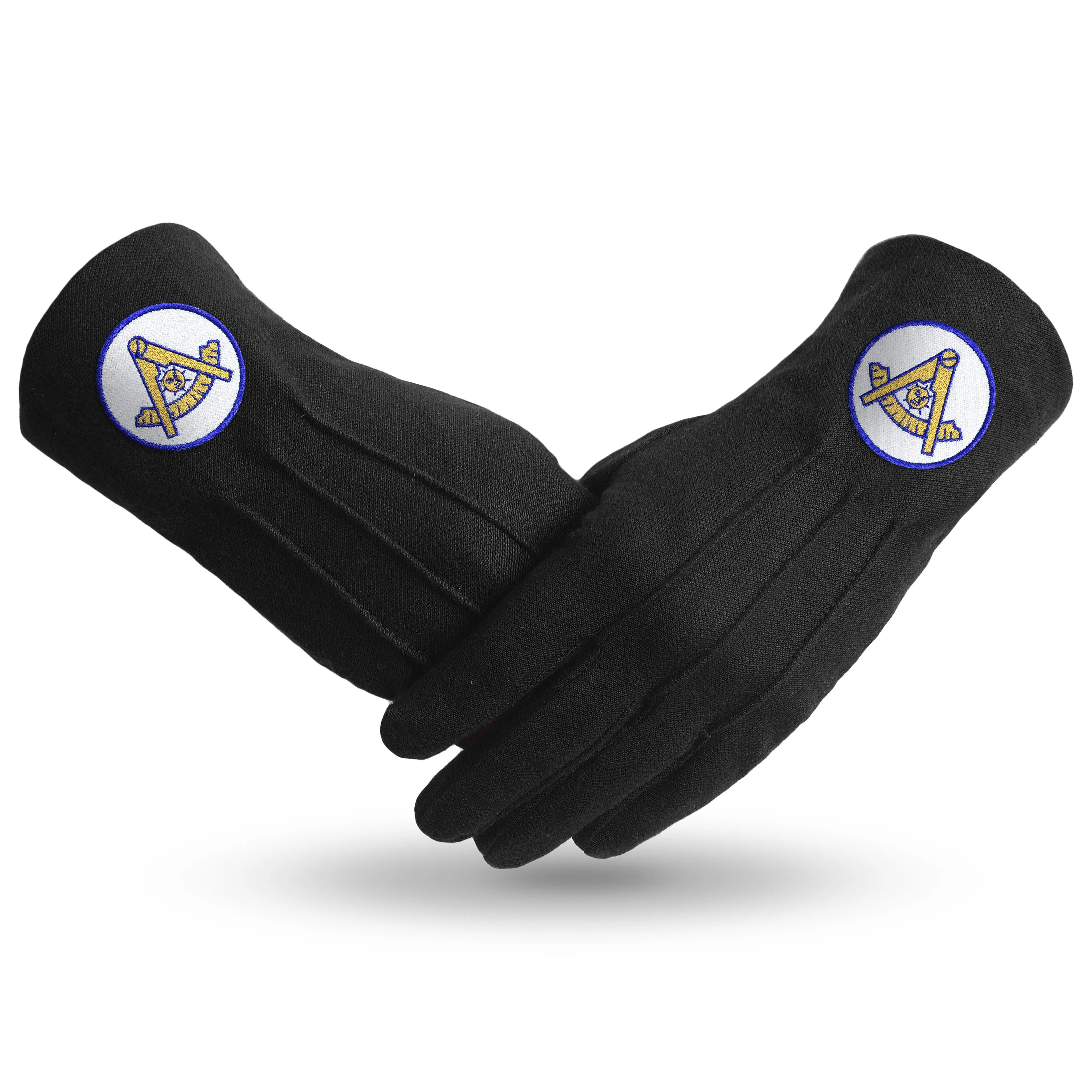 Past Master Blue Lodge California Regulation Gloves - Black With Gold Emblem With Blue Borders