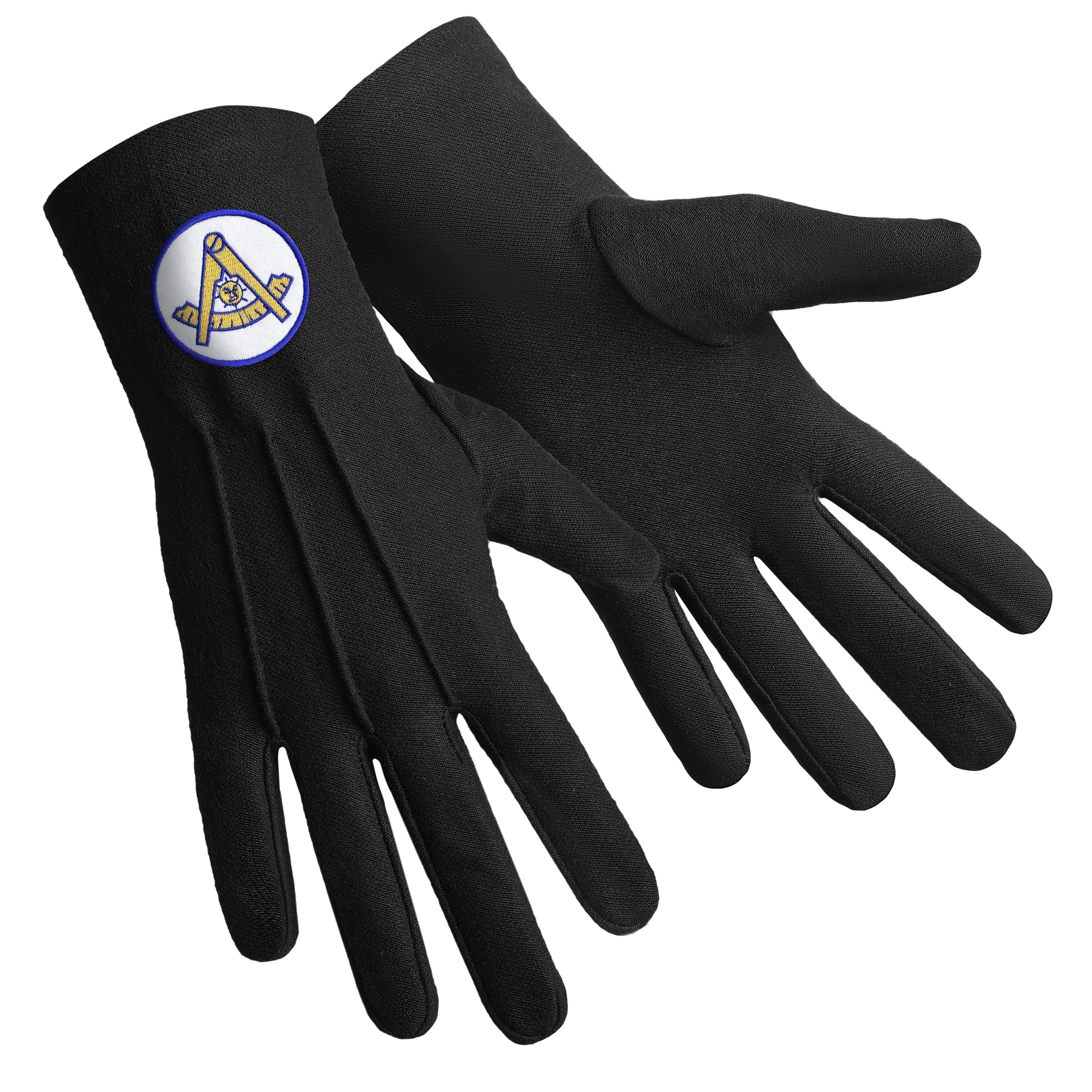 Past Master Blue Lodge California Regulation Gloves - Black With Gold Emblem With Blue Borders