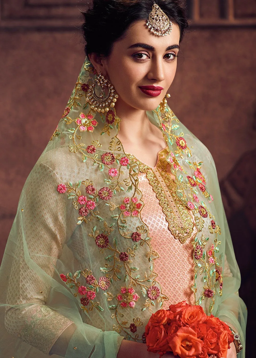 Peach And Green Embroidered Pakistani Pant Suit