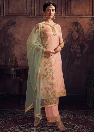 Peach And Green Embroidered Pakistani Pant Suit