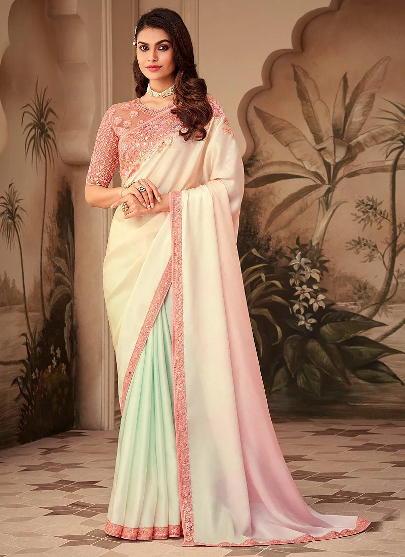 Peach Beige Embroidered Party Wear Silk Saree