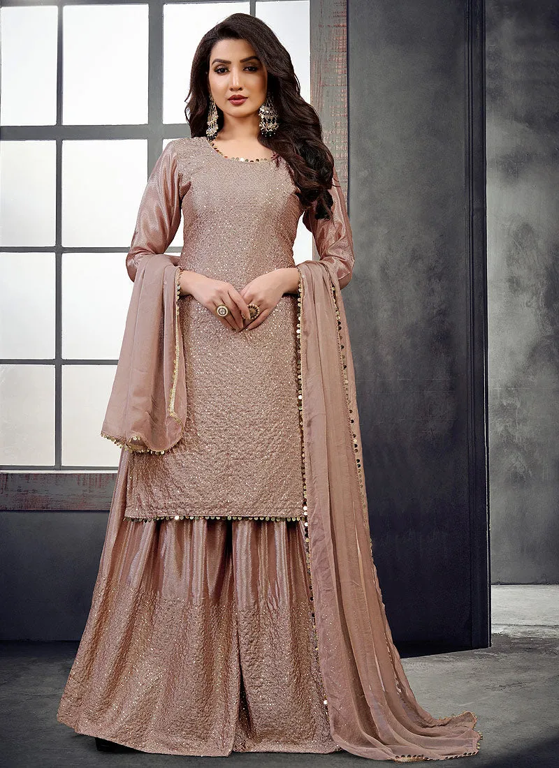 Peach Zari And Sequence Embroidered Palazzo Suit