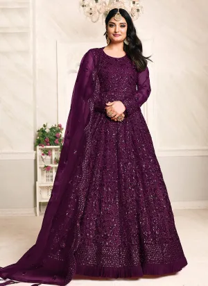 Plum Sequence Embroidered Anarkali Suit