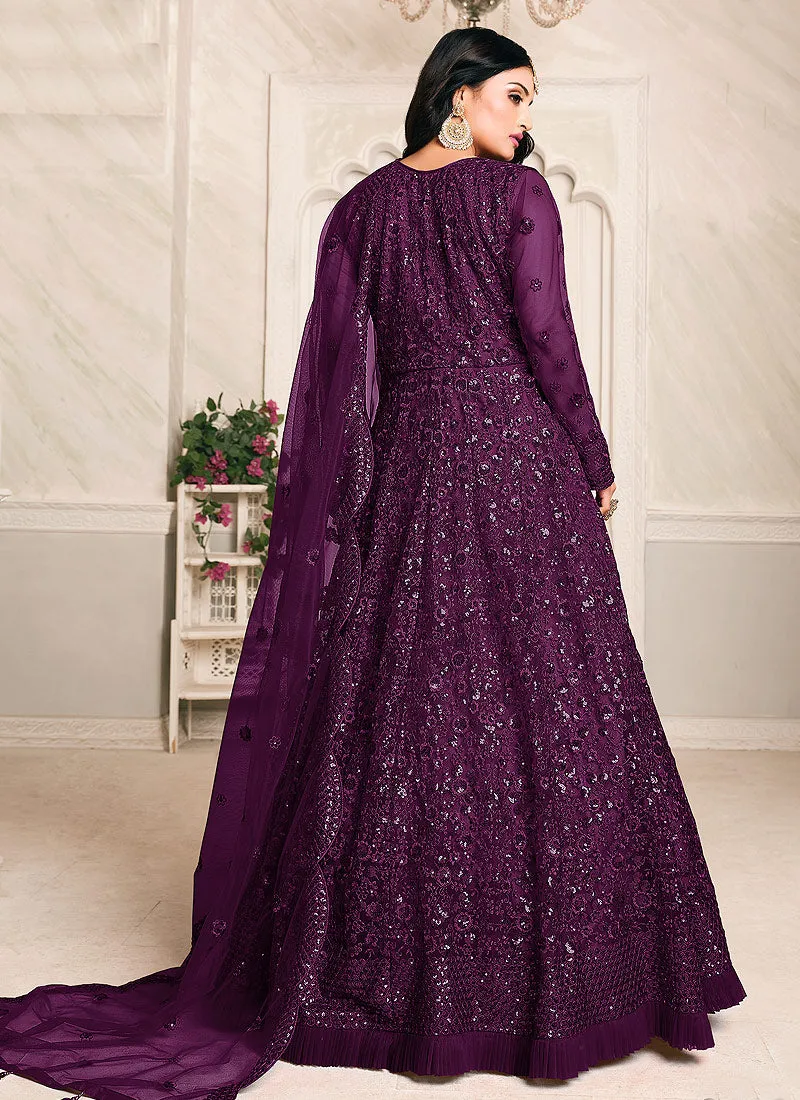 Plum Sequence Embroidered Anarkali Suit