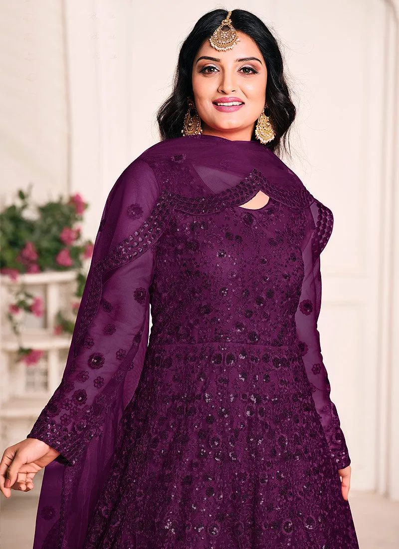 Plum Sequence Embroidered Anarkali Suit