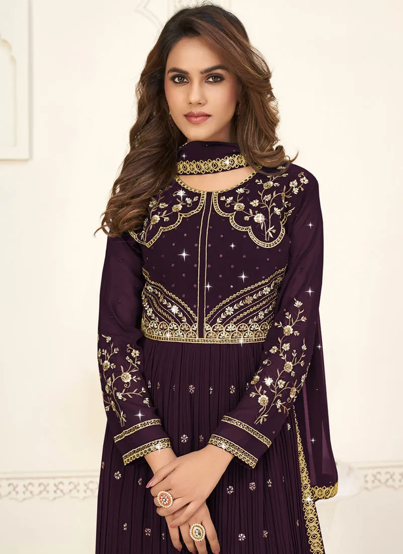 Purple Sequence Embroidery Festive Palazzo Suit