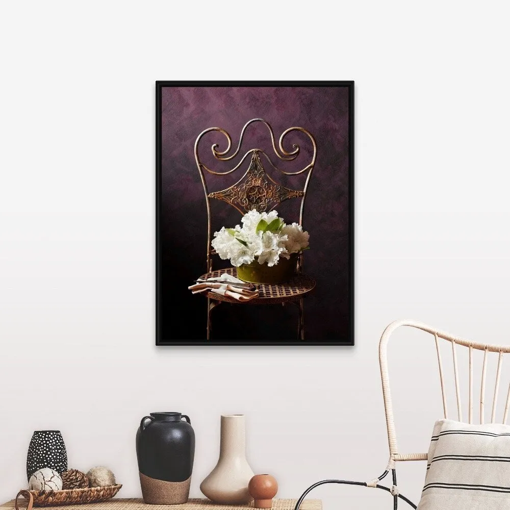 "Bouquet of rhododendron flowers in tin on chair with gardening gloves" Black Float Frame Canvas Art