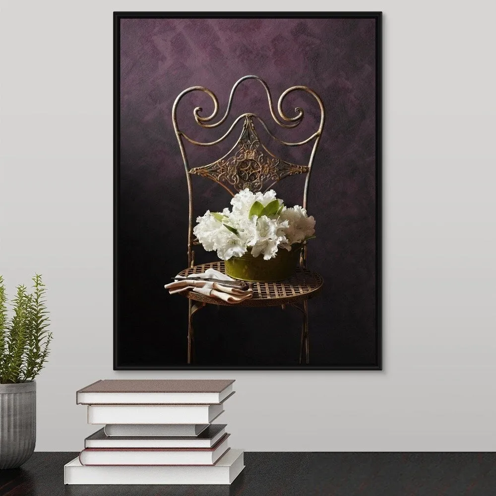 "Bouquet of rhododendron flowers in tin on chair with gardening gloves" Black Float Frame Canvas Art