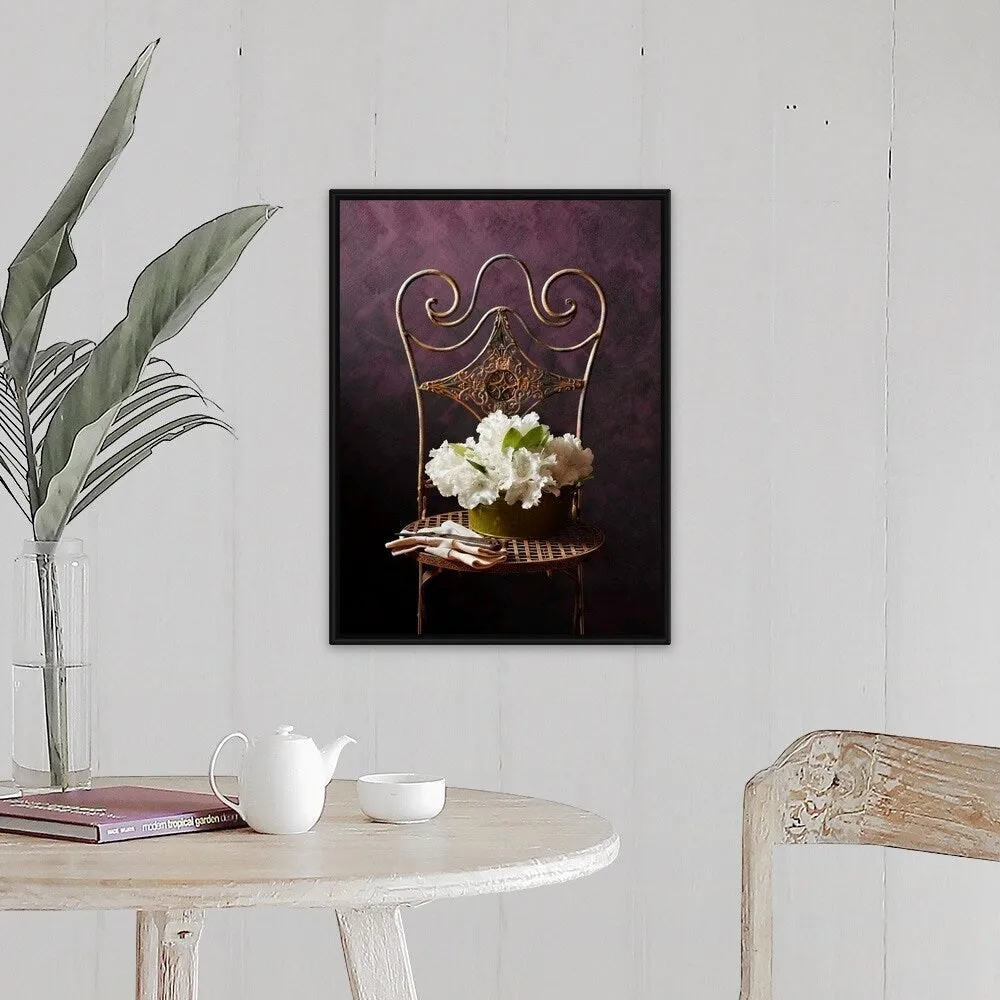 "Bouquet of rhododendron flowers in tin on chair with gardening gloves" Black Float Frame Canvas Art