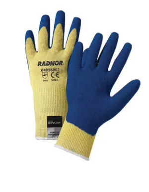 Radnor Large Yellow 10 Gauge Kevlar String Knit Gloves With Blue Latex Crinkle Finish Palm And Thumb Coating