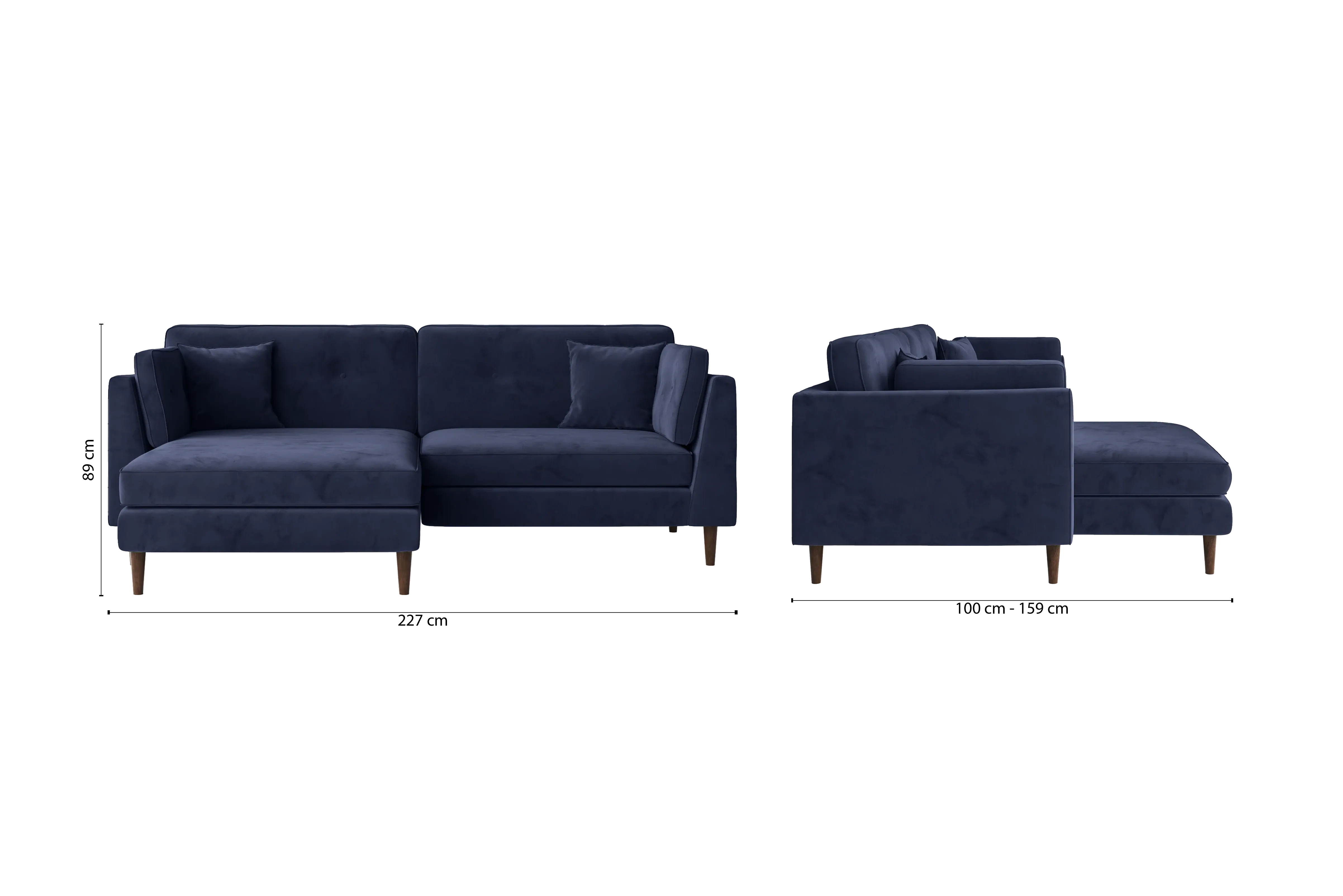 Ragusa 3 Seater Left Hand Facing Chaise Lounge Corner Sofa Dark Blue Velvet