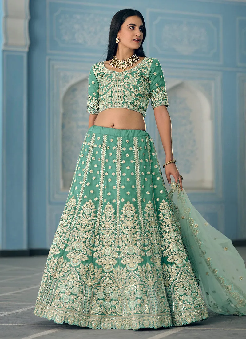 Sea Green Golden Embroidered Designer Lehenga Choli