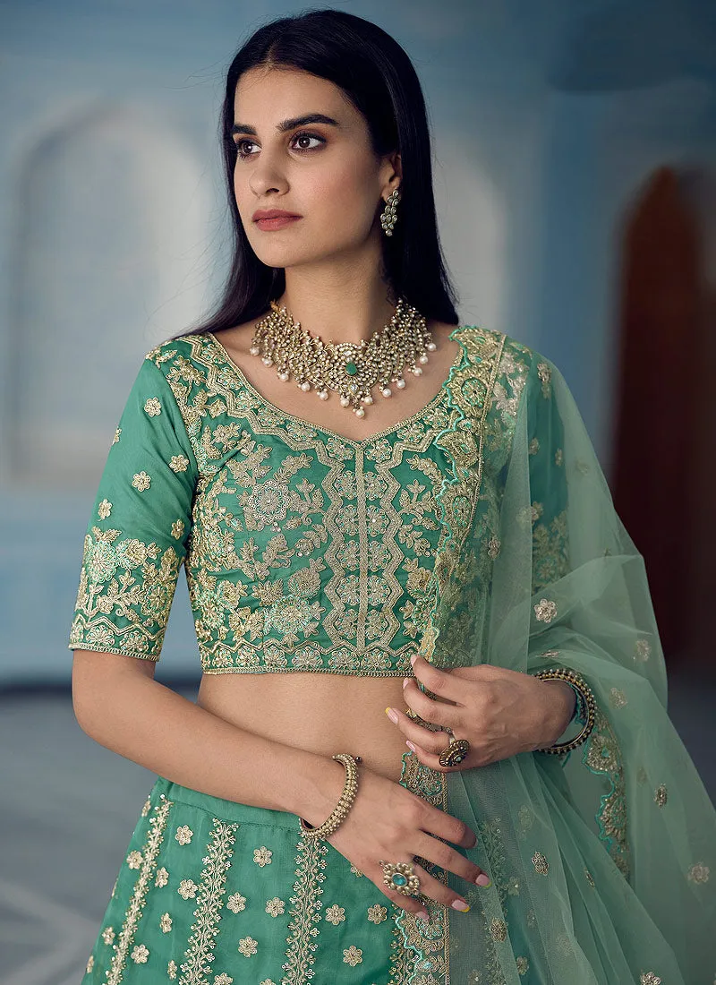 Sea Green Golden Embroidered Designer Lehenga Choli