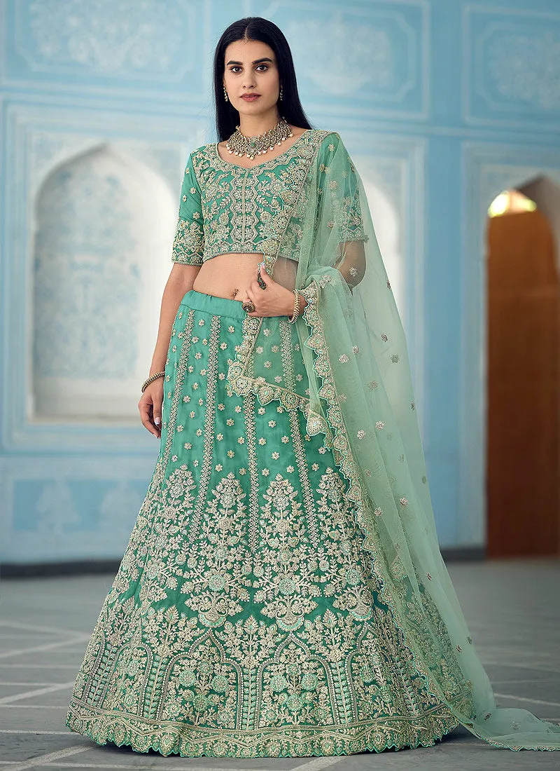 Sea Green Golden Embroidered Designer Lehenga Choli