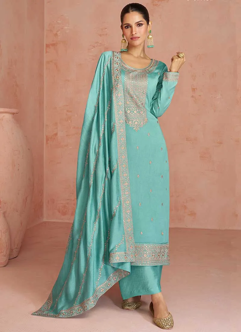 Teal Blue Sequence Embroidery Wedding Palazzo Suit