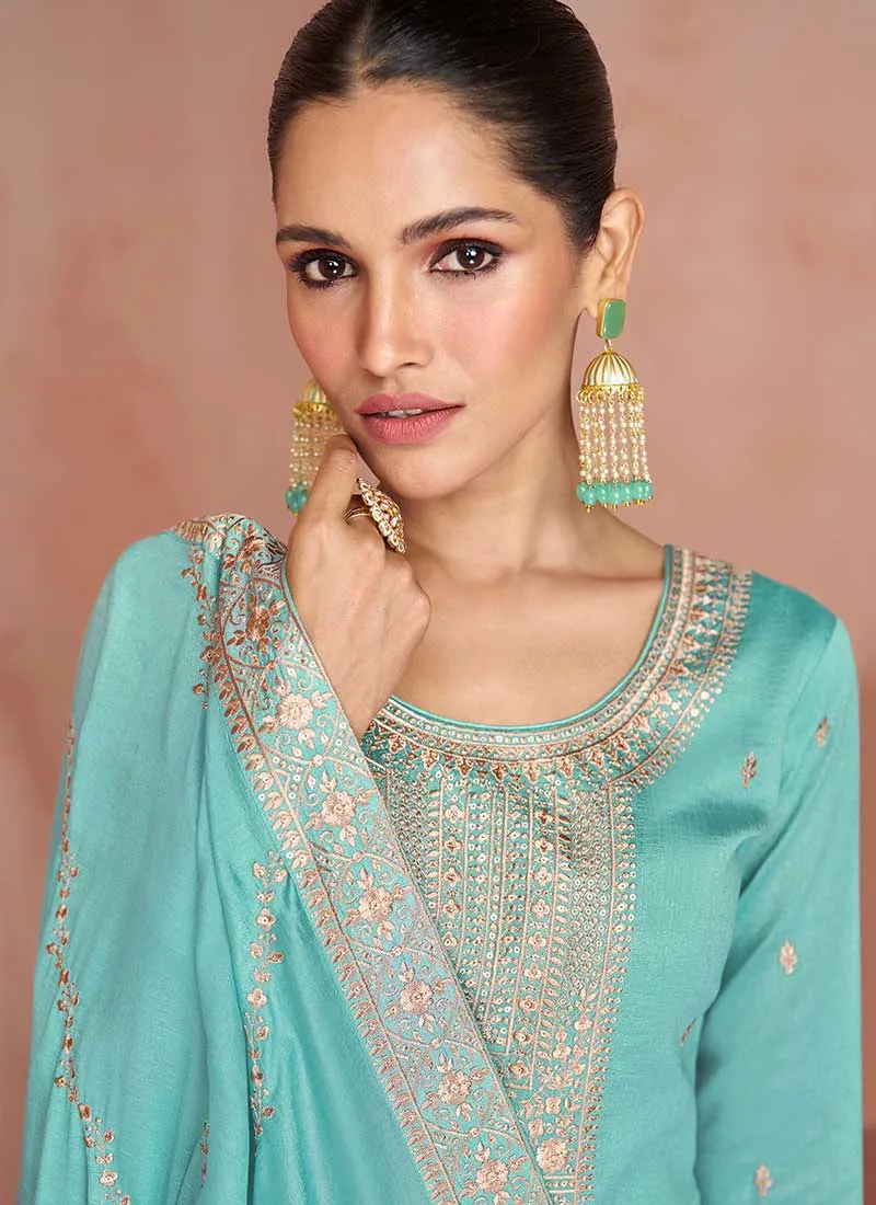 Teal Blue Sequence Embroidery Wedding Palazzo Suit