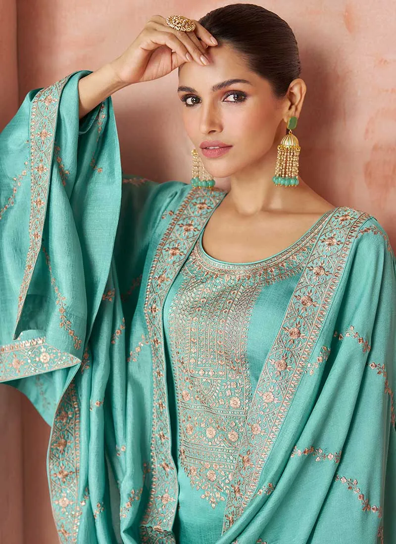 Teal Blue Sequence Embroidery Wedding Palazzo Suit