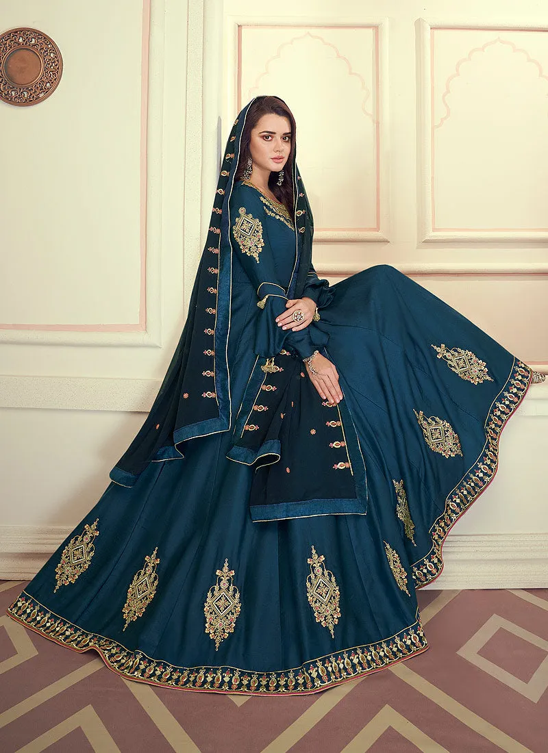 Turquoise Blue Designer Silk Anarkali Suit Set