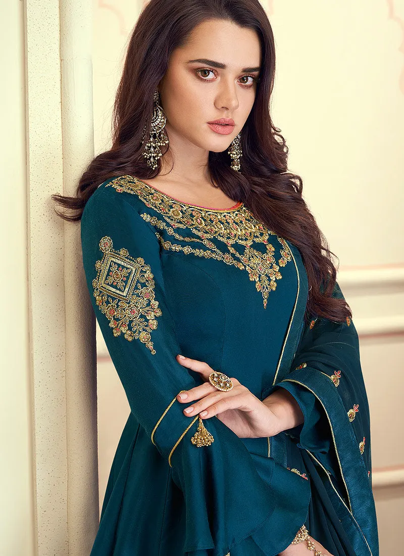 Turquoise Blue Designer Silk Anarkali Suit Set