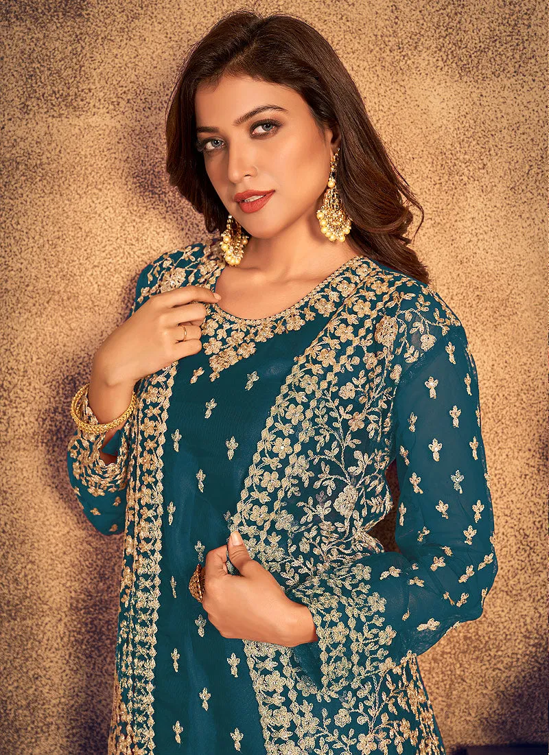 Turquoise Traditional Embroidered Jacket Style Pant Suit